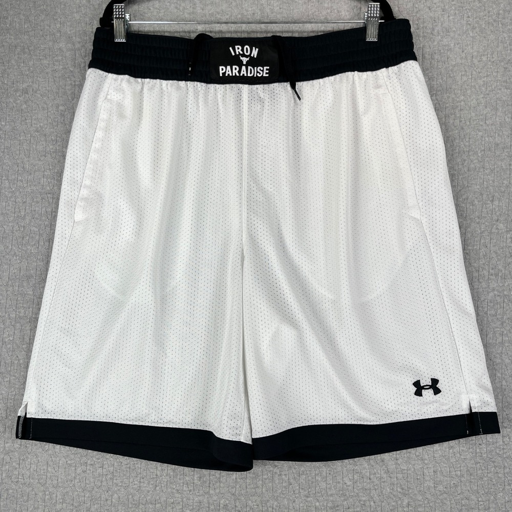 Under Armour Project Rock Shorts Mens XL White Iron Paradise Mesh Gym Workout